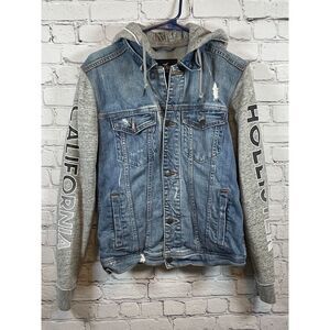 Hollister Epic Flex Denim Jacket‎ Hoodie Distressed Gray Sleeves Size S
